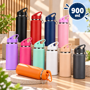 Termo de acero inoxidable con capacidad de 900 ml, ideal para llevar bebidas durante el día.