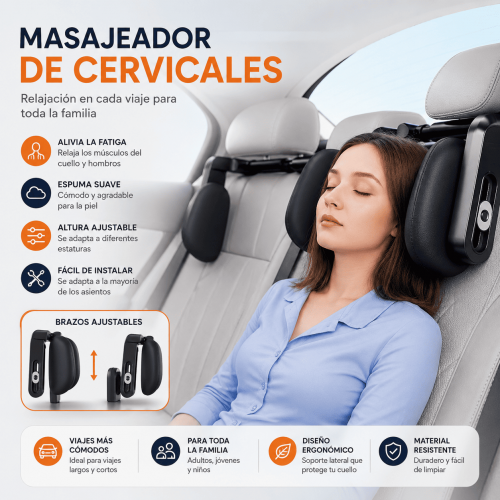 Masajeador de cervicales para auto con soporte ajustable, almohadillas suaves y diseño ergonómico. Ideal para viajes y uso familiar. Venta por mayoreo.