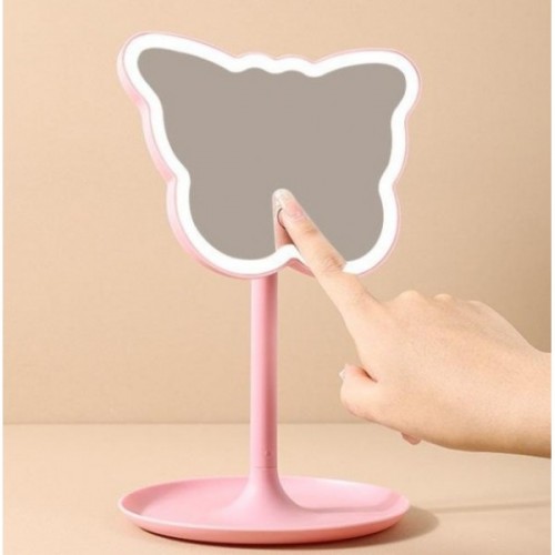 Espejo de maquillaje con luz LED en forma de mariposa, diseño de mesa rosa con botón táctil y base organizadora, ideal para decoración y rutina de belleza, Mayoreo CY086