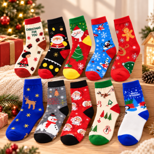 Calcetas navideñas con diseños festivos, ideales para la temporada navideña.