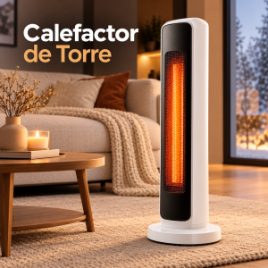 Calefactor de torre con diseño vertical, ideal para brindar calor en distintos espacios. Su formato alto permite colocarlo fácilmente en diferentes áreas.