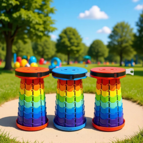 Banco retráctil telescópico plegable arcoíris, portátil y ajustable en altura. Compacto tipo disco, ideal para camping y exteriores. Venta por mayoreo.