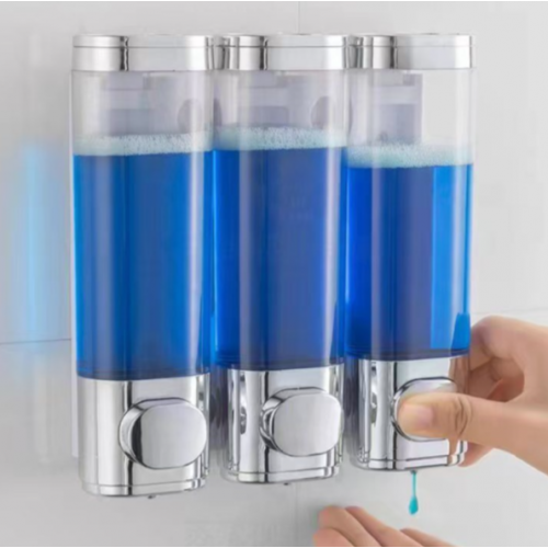 Dispensador triple de pared para jabón, shampoo y acondicionador. 3 contenedores transparentes con pulsador. Ideal para baño y ducha. Venta por mayoreo.