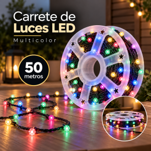 Carrete de luces LED multicolor de 50 metros, ideal para iluminación decorativa en distintos espacios.