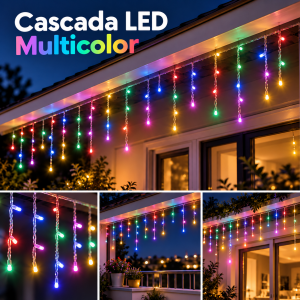 Cascada LED Corta multicolor con 100 focos, ideal para decorar ventanas, balcones, techos y espacios para eventos.
