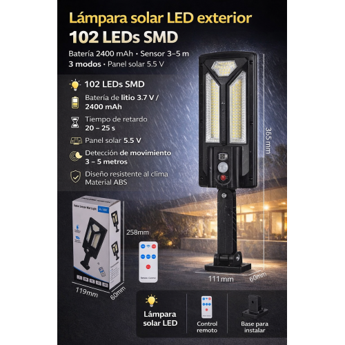 Lampara Solar de Pared con Sensor y control Remoto, Por Mayoreo DT205