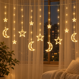 Cortina LED de estrellas y luna, ideal para ambientar ventanas, habitaciones y distintos espacios.