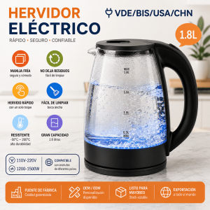 Hervidor eléctrico de vidrio 1.8L con luz LED, manija fría, boca amplia y diseño práctico. Ideal para calentar agua en casa u oficina. Venta por mayoreo.
