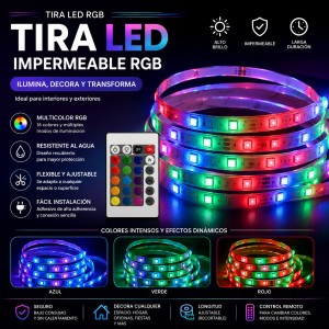 Tira LED RGB impermeable con control remoto, luces multicolor y modos de iluminación. Ideal para decorar habitaciones, negocios, fiestas y espacios especiales.