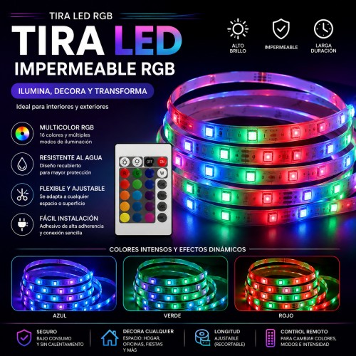 Tira LED RGB impermeable con control remoto, luces multicolor y modos de iluminación. Ideal para decorar habitaciones, negocios, fiestas y espacios especiales. Tira LED RGB impermeable con control remoto, luces multicolor y modos de iluminación. Ideal para decorar habitaciones, negocios, fiestas y espacios especiales.