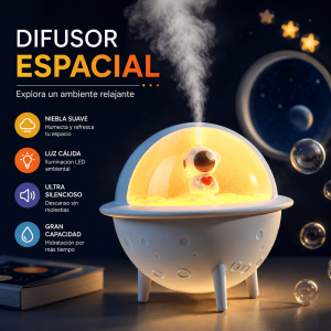 Difusor humidificador espacial con luz LED cálida, niebla suave y diseño decorativo de astronauta. Ideal para hogar u oficina. Venta por mayoreo.
