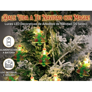 Serie navideña de pinitos de 3 metros con 20 luces LED luz cálida. Figura de arbolito verde con esferas, funciona con pilas. Ideal para árbol de Navidad, decoración de mesa, ventana, recámara. Muy brillante y tierna.