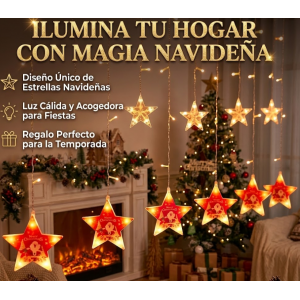 Cortina de Luces LED Estrellas Navidad 3x1 Metros 138 LEDs - Luces Navideñas de Cascada Luz Cálida con 12 Estrellas Merry Christmas 8 Modos