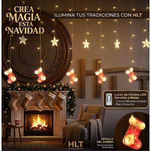 Cortina de Luces LED Botitas Navidad 3x1 Metros 138 LEDs - Luces Navideñas Cascada Calcetín Santa con Estrellas Luz Cálida 8 Modos