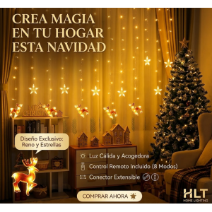 Cortina de Luces LED Renos Navidad 3x1 Metros 138 LEDs - Luces Navideñas Cascada Reno con Estrellas Luz Cálida 8 Modos