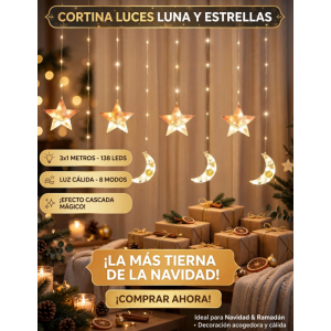 Cortina de Luces LED Luna y Estrellas 3x1 Metros 138 LEDs - Luces Navideñas Cascada Luz Cálida con 8 Lunas y Estrellas 8 Modos - Decoración Navidad y Ramadán