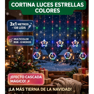 Cortina de Luces LED Estrellas Colores 3x1 Metros 138 LEDs - Luces Navideñas Cascada Multicolor RGB con Estrellas y Hexágonos 8 Modos