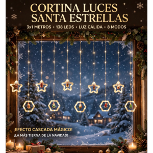 Cortina de Luces LED Santa Estrellas 3x1 Metros 138 LEDs - Luces Navideñas Cascada con Santa Claus dentro de Estrellas y Hexágonos Luz Cálida 8 Modos