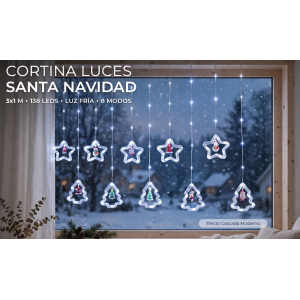 Cortina de Luces LED Santa y Arbolitos 3x1 Metros 138 LEDs - Luces Navideñas Cascada con Estrellas y Pinos Luz fria 8 Modos