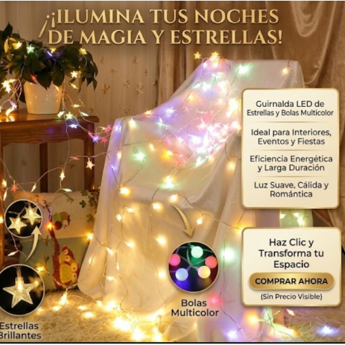 Guirnalda de Luces LED Estrellas Multicolor RGB 3 Metros 20 LEDs - Luces de Colores Navidad - 8 Modos - Decoración Fiesta