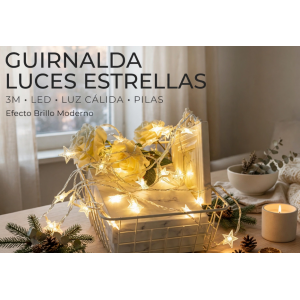 Guirnalda de Luces LED Estrellas Metalizadas 3 Metros 20 LEDs - Luz Cálida a Pilas - Guirnalda Decorativa Navidad Estrellas Huecas