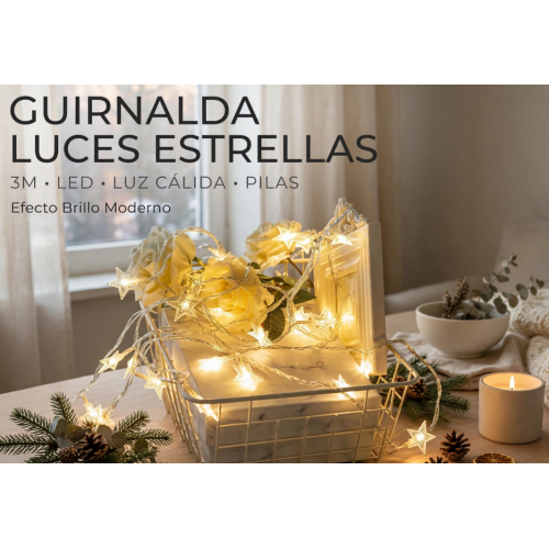 Guirnalda de Luces LED Estrellas Metalizadas 3 Metros 20 LEDs - Luz Cálida a Pilas - Guirnalda Decorativa Navidad Estrellas Huecas