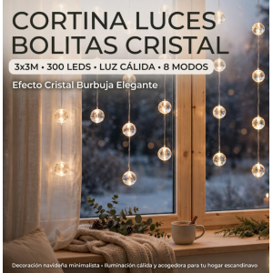 Cortina de Luces LED Bolitas Cristal Burbuja 3x3 Metros 300 LEDs - Luz Cálida - 8 Modos - Efecto Crackle Elegante para Ventana Navidad