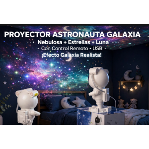 Proyector de Galaxia Astronauta LED con Control Remoto - Luz Nocturna Nebulosa Estrellas y Luna - Lámpara Espacial USB para Recámara Niños