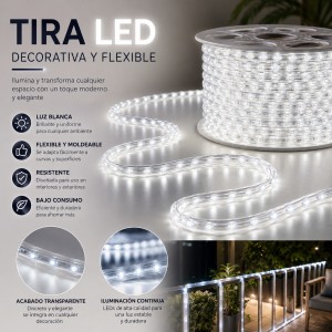 Tira LED flexible con luz blanca, ideal para decorar e iluminar interiores y exteriores. Su diseño transparente y moldeable permite adaptarla a diferentes espacios como balcones, barandales, terrazas, vitrinas, pasillos y áreas decorativas.