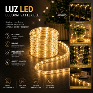 Compra luz LED decorativa flexible por mayoreo. Iluminación cálida para interiores, exteriores, jardines, barandales, árboles, muebles y decoración del hogar.