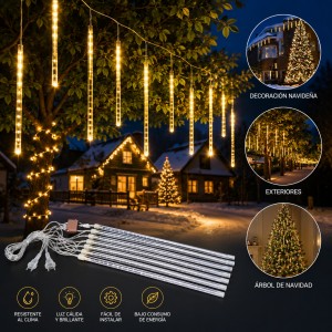 Compra luces LED tipo lluvia de meteoros por mayoreo. Ideales para Navidad, árboles, fachadas, jardines, patios, terrazas, exteriores e interiores.