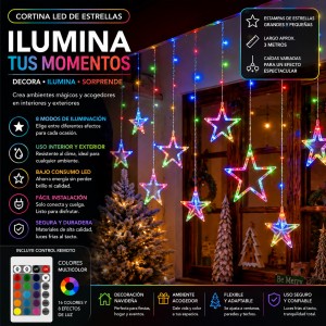 Cortina LED navideña con estrellas multicolor, ideal para decorar ventanas, paredes, negocios, vitrinas, fiestas y espacios especiales.
