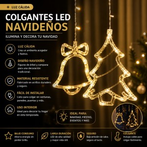Colgantes LED navideños con luz cálida y figuras festivas. Ideales para decorar ventanas, paredes, puertas, negocios y espacios especiales.