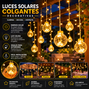 Luces solares colgantes tipo globo con luz cálida, ideales para jardines, terrazas, patios, pérgolas, fiestas y decoración exterior.