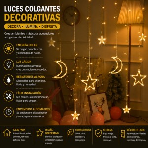 Luces colgantes decorativas con estrellas y lunas de luz cálida, ideales para habitaciones, terrazas, patios, fiestas, eventos y decoración navideña.