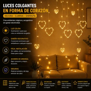 Luces colgantes decorativas en forma de corazón con luz cálida, ideales para habitaciones, salas, ventanas, fiestas, bodas y eventos especiales.