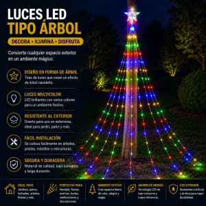 Luces LED tipo árbol multicolor, ideales para jardines, patios, fachadas, fiestas, eventos y decoración navideña exterior.