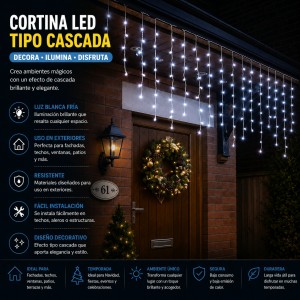 Cortina LED tipo cascada, ideal para fachadas, techos, ventanas, patios, terrazas, fiestas y decoración navideña.