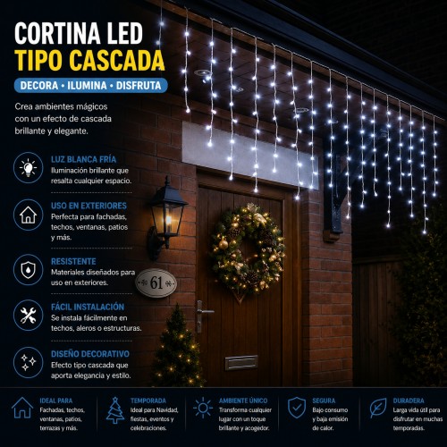 Cortina LED tipo cascada, ideal para fachadas, techos, ventanas, patios, terrazas, fiestas y decoración navideña. Cortina LED tipo cascada, ideal para fachadas, techos, ventanas, patios, terrazas, fiestas y decoración navideña.