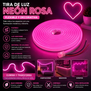 Tira de luz neón flexible de silicona color rosa, ideal para decoración de interiores, eventos, negocios y ambientación creativa. Disponible por mayoreo.
