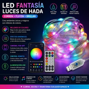 Luces LED fantasía tipo hada multicolor con control remoto y conexión USB. Ideales para decorar habitaciones, ventanas, árboles, fiestas y eventos.