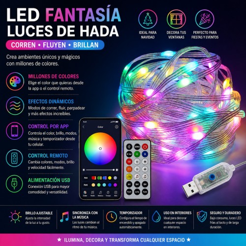 Luces LED fantasía tipo hada multicolor con control remoto y conexión USB. Ideales para decorar habitaciones, ventanas, árboles, fiestas y eventos. Luces LED fantasía tipo hada multicolor con control remoto y conexión USB. Ideales para decorar habitaciones, ventanas, árboles, fiestas y eventos.