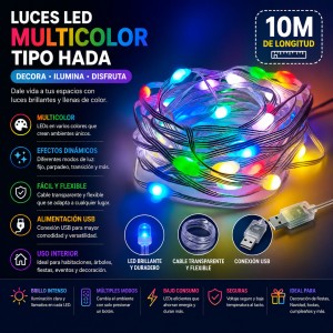 Luces LED multicolor tipo hada de 10 m con conexión USB, ideales para decorar habitaciones, árboles, fiestas, eventos y espacios interiores.