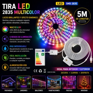 Tira LED 2835 multicolor de 5 m, ideal para decorar habitaciones, jardines, balcones, fachadas, fiestas y espacios navideños.