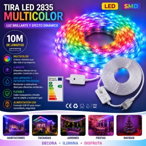 Tira LED 2835 multicolor de 10 m, ideal para decorar habitaciones, jardines, balcones, fachadas, fiestas y espacios navideños.