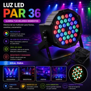 Luz LED PAR 36 multicolor para fiestas, eventos, escenarios y discotecas. Iluminación brillante, compacta y fácil de usar. por mayoreo 