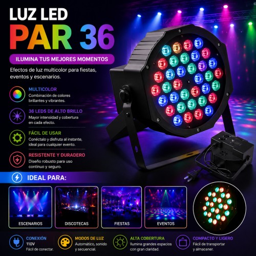 Luz LED PAR 36 multicolor para fiestas, eventos, escenarios y discotecas. Iluminación brillante, compacta y fácil de usar. por mayoreo Luz LED PAR 36 multicolor para fiestas, eventos, escenarios y discotecas. Iluminación brillante, compacta y fácil de usar. por mayoreo
