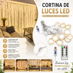 Cortina de luces LED luz cálida con conexión USB y control remoto, ideal para habitaciones, salas, eventos, fiestas, cortinas y decoración. por mayoreo 