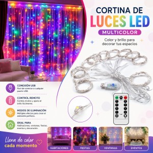Cortina de luces LED multicolor con conexión USB y control remoto, ideal para habitaciones, ventanas, fiestas, eventos y decoración interior.