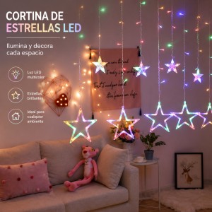 Cortina de luces LED con estrellas multicolor, perfecta para decorar interiores, eventos y espacios comerciales con iluminación atractiva y moderna.